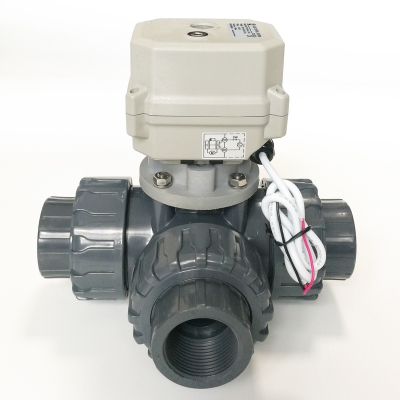DN32 True Union End Electric water valve 3way 1-1/4" with UPVC valve body and 220V actuator, Electric motorized ball valve with IP67 protection class